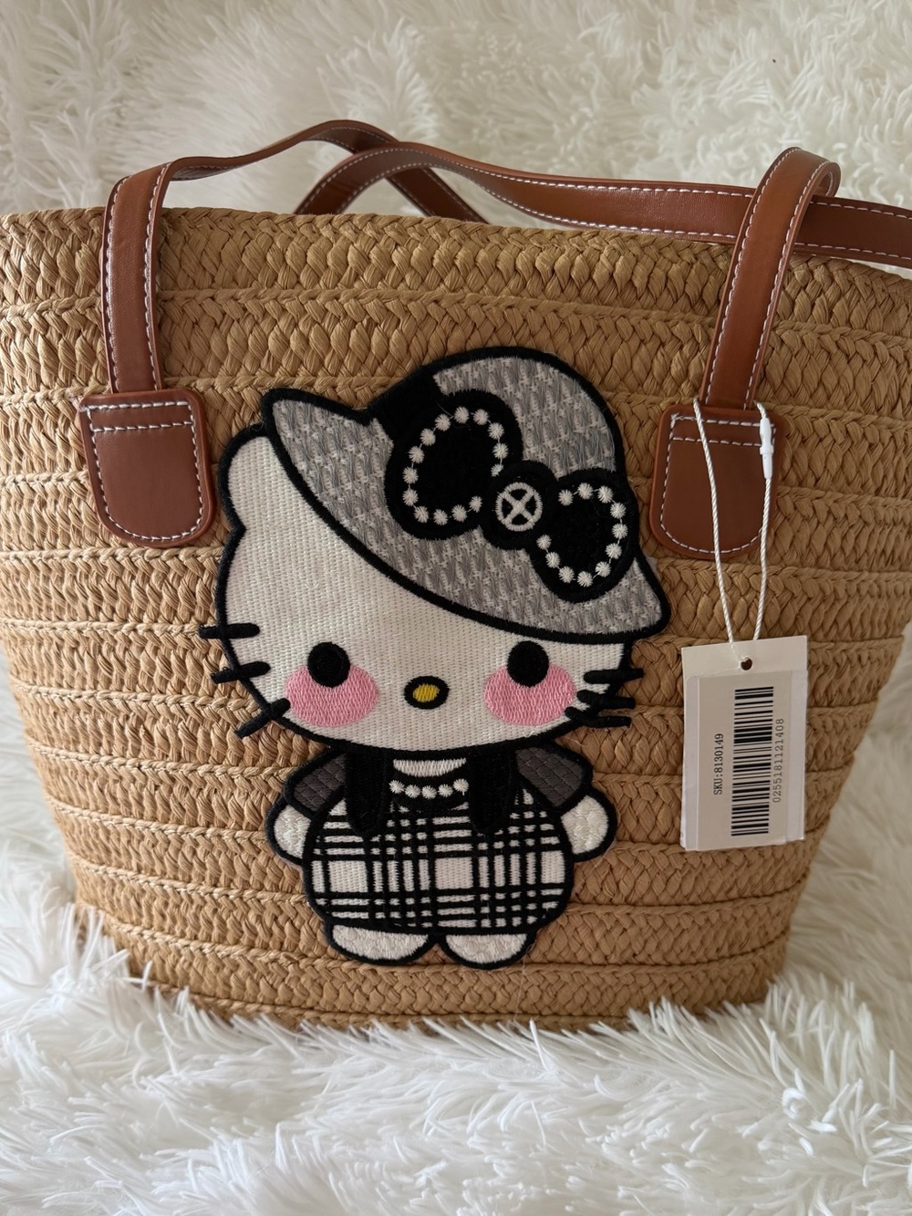 NWT Kawaii Cat Straw Tote Bag Brown Handles Plaid Appliqué HELLO K.